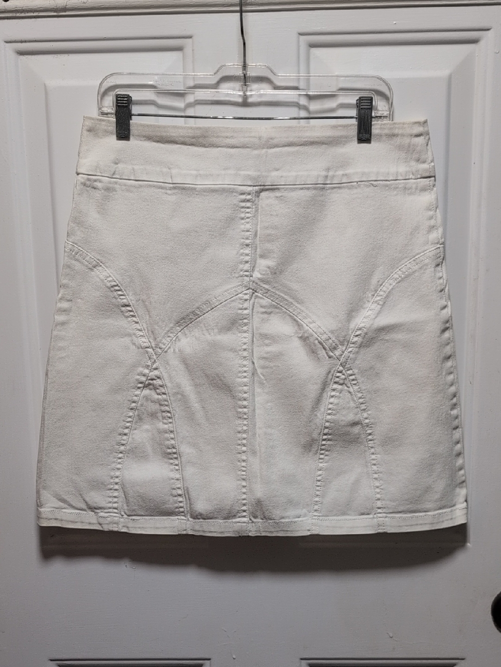 White Midi Denim Skirt with Curved Seamed Panels